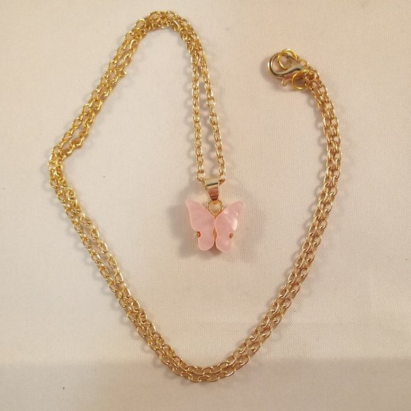 Gold Plated Pink Opal Resin Butterfly Pendant Chain Necklace 20" Party Gift - Picture 3 of 3